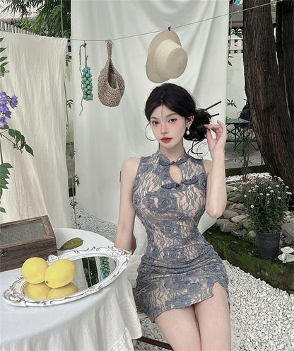 Casual Lace Floral Print Mandarin Collar Mini Skirt Oriental Style Cutout Slit Halter Short Dress AP3657