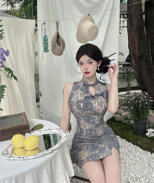 Casual Lace Floral Print Mandarin Collar Mini Skirt Oriental Style Cutout Slit Halter Short Dress AP3657