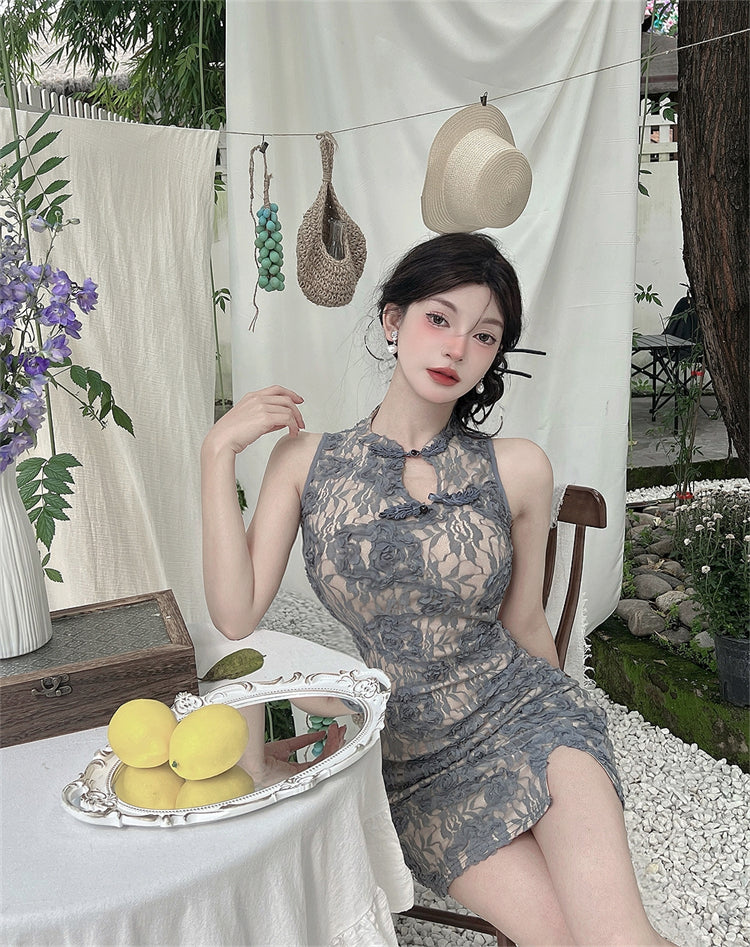 Casual Lace Floral Print Mandarin Collar Mini Skirt Oriental Style Cutout Slit Halter Short Dress AP3657