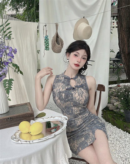 Casual Lace Floral Print Mandarin Collar Mini Skirt Oriental Style Cutout Slit Halter Short Dress AP3657