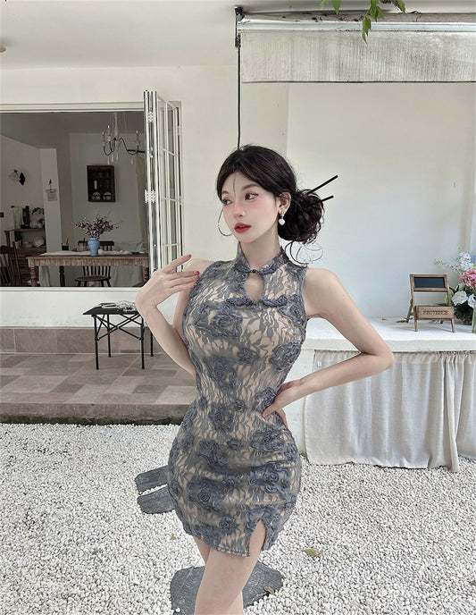 Casual Lace Floral Print Mandarin Collar Mini Skirt Oriental Style Cutout Slit Halter Short Dress AP3657