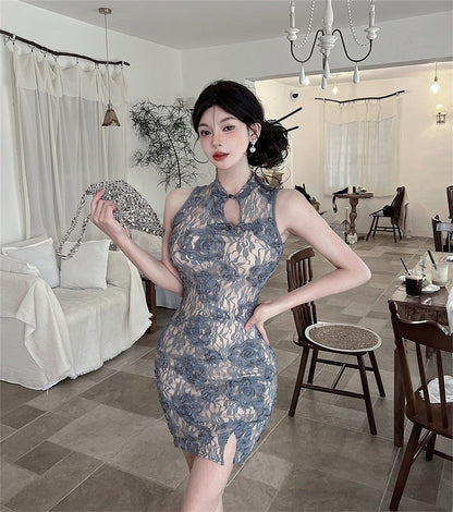 Casual Lace Floral Print Mandarin Collar Mini Skirt Oriental Style Cutout Slit Halter Short Dress AP3657