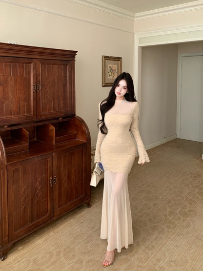 Y2K Style Long Sleeve Mermaid Lace Maxi Dress Vintage Tulle Splicing High Collar Long Dress AP3658