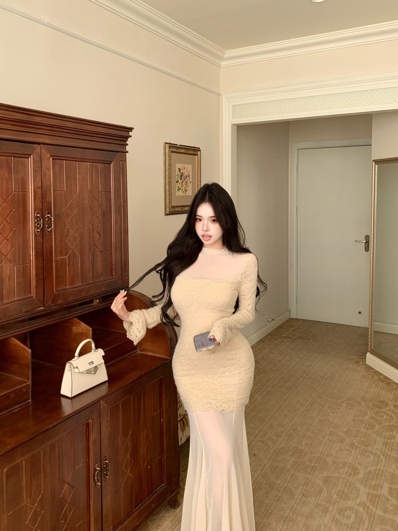 Y2K Style Long Sleeve Mermaid Lace Maxi Dress Vintage Tulle Splicing High Collar Long Dress AP3658