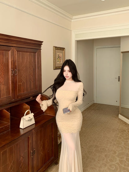 Y2K Style Long Sleeve Mermaid Lace Maxi Dress Vintage Tulle Splicing High Collar Long Dress AP3658