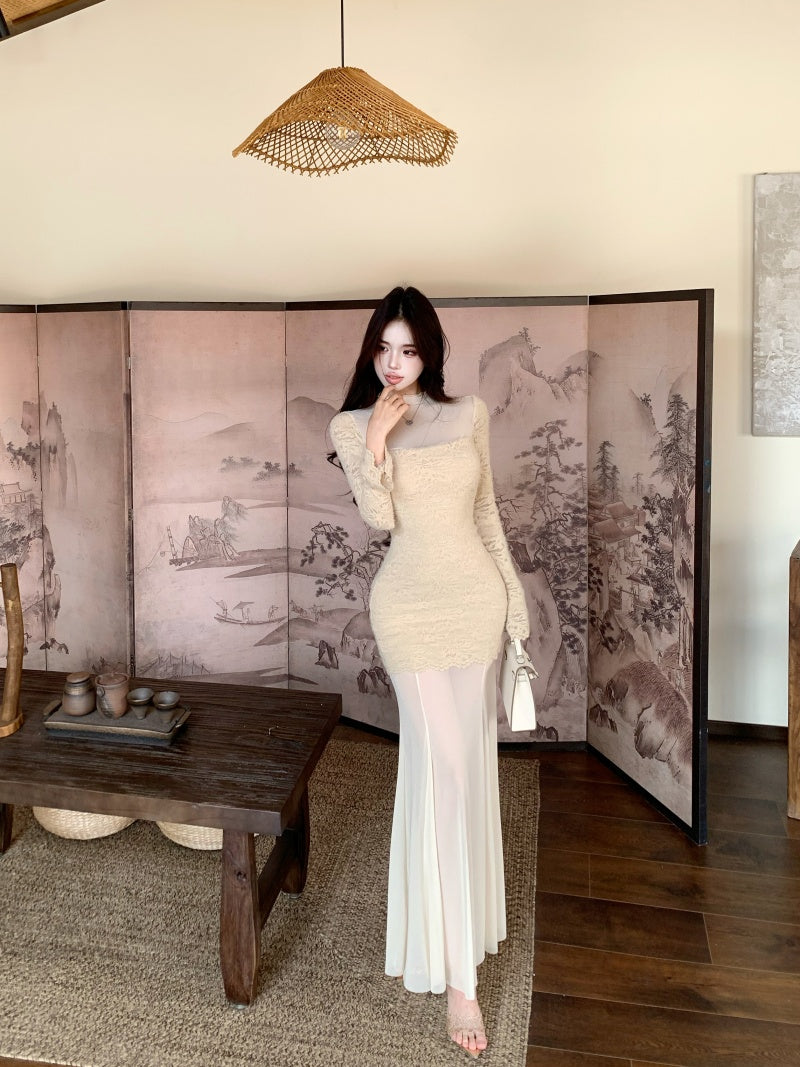 Y2K Style Long Sleeve Mermaid Lace Maxi Dress Vintage Tulle Splicing High Collar Long Dress AP3658