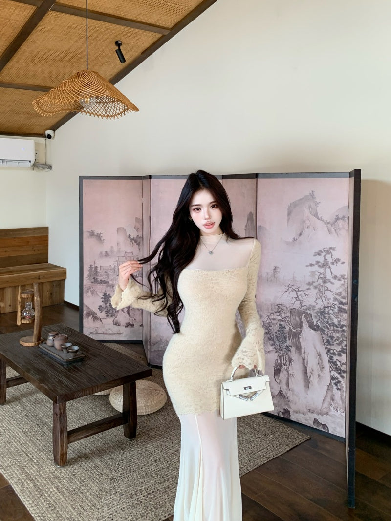 Y2K Style Long Sleeve Mermaid Lace Maxi Dress Vintage Tulle Splicing High Collar Long Dress AP3658