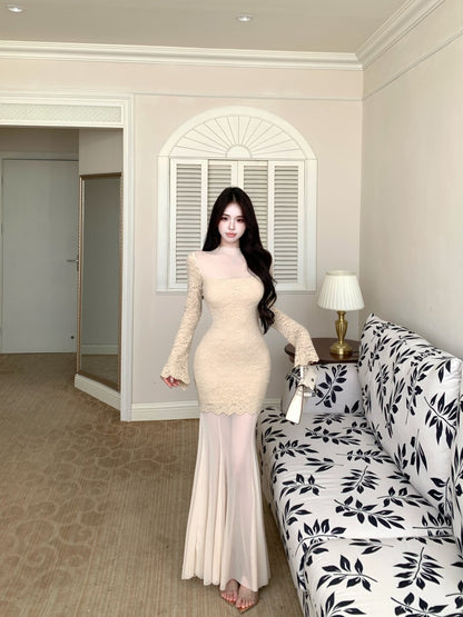 Y2K Style Long Sleeve Mermaid Lace Maxi Dress Vintage Tulle Splicing High Collar Long Dress AP3658