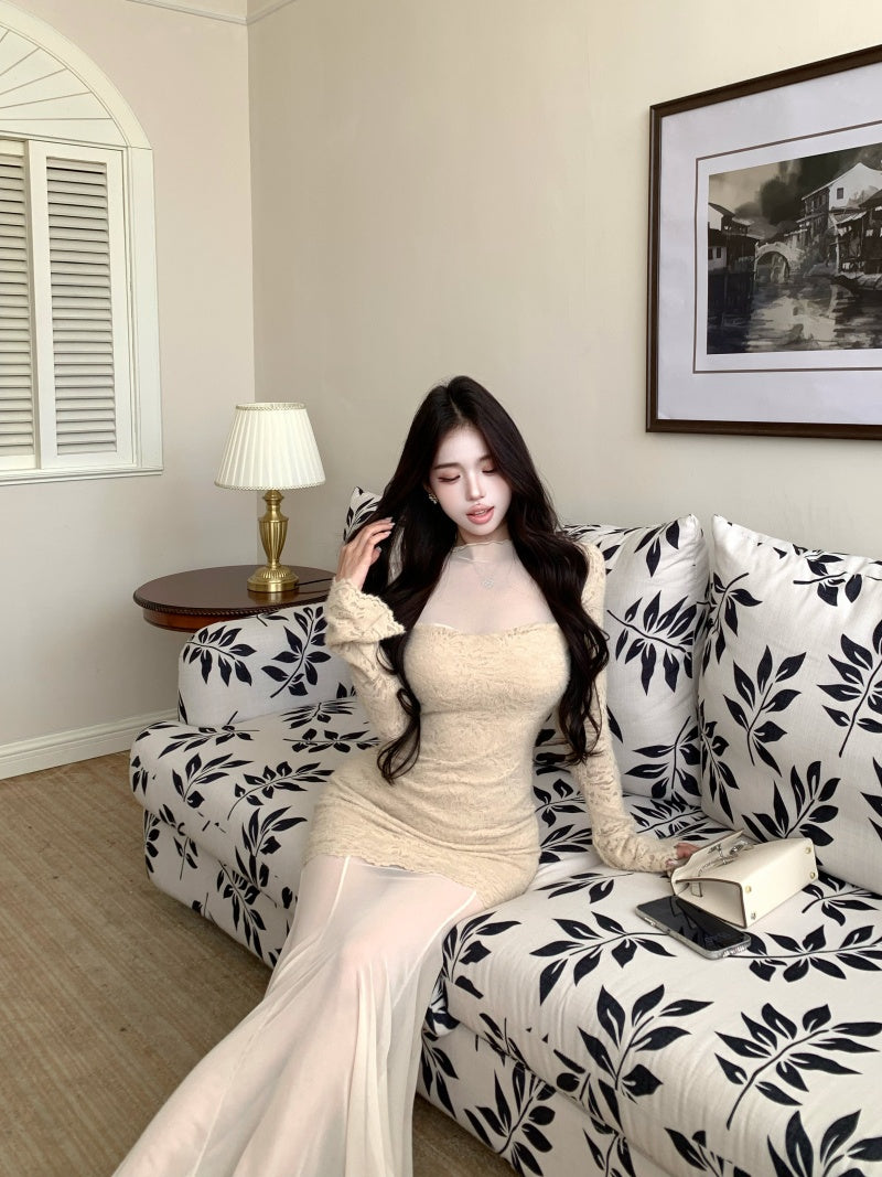 Y2K Style Long Sleeve Mermaid Lace Maxi Dress Vintage Tulle Splicing High Collar Long Dress AP3658