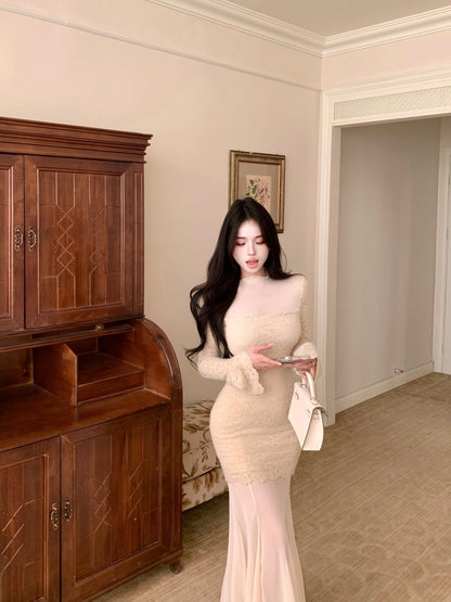 Y2K Style Long Sleeve Mermaid Lace Maxi Dress Vintage Tulle Splicing High Collar Long Dress AP3658