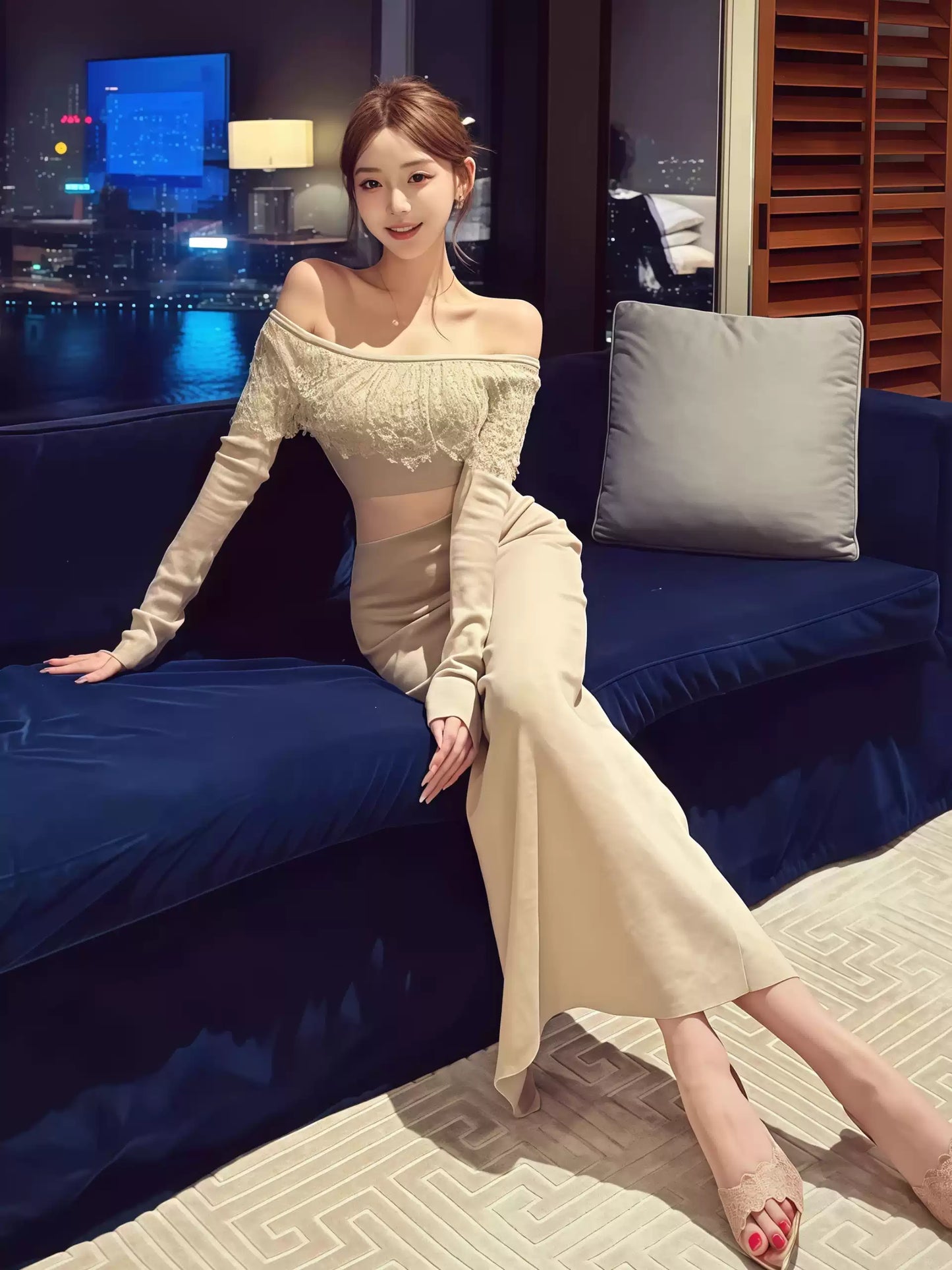 New Tendency Long Sleeve Sheath Sheer Tulle Splicing Maxi Dress Glam Off-Shoulder Lace Trim Slit Long Dress AP3659