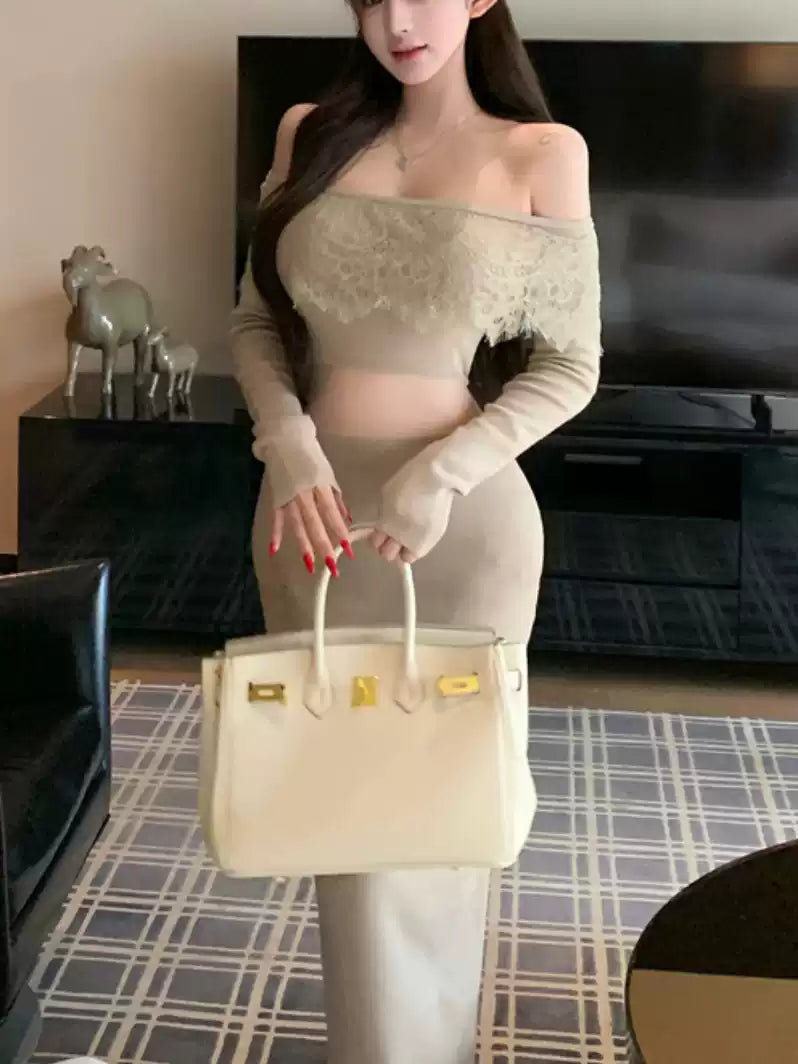 New Tendency Long Sleeve Sheath Sheer Tulle Splicing Maxi Dress Glam Off-Shoulder Lace Trim Slit Long Dress AP3659