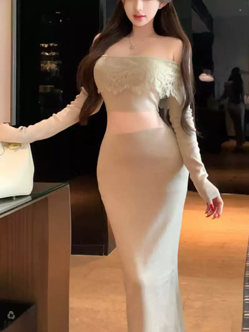 New Tendency Long Sleeve Sheath Sheer Tulle Splicing Maxi Dress Glam Off-Shoulder Lace Trim Slit Long Dress AP3659