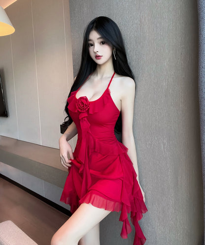 Fairy Red Ruffles Trim 3D Floral Mini Skirt Sexy Cinched-Waist Backless A-Line Halter Short Dress AP3660