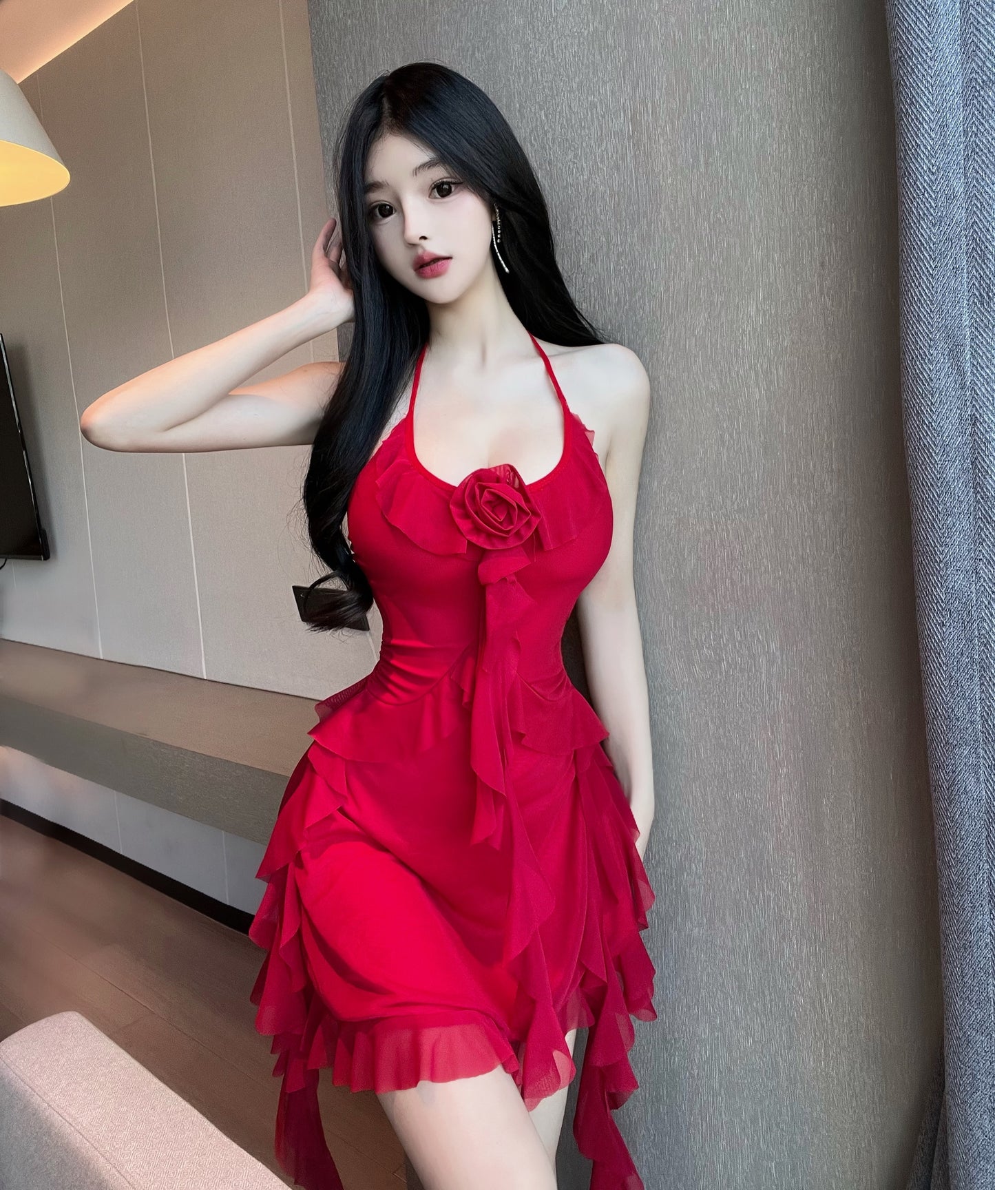 Fairy Red Ruffles Trim 3D Floral Mini Skirt Sexy Cinched-Waist Backless A-Line Halter Short Dress AP3660