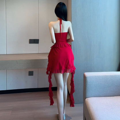 Fairy Red Ruffles Trim 3D Floral Mini Skirt Sexy Cinched-Waist Backless A-Line Halter Short Dress AP3660