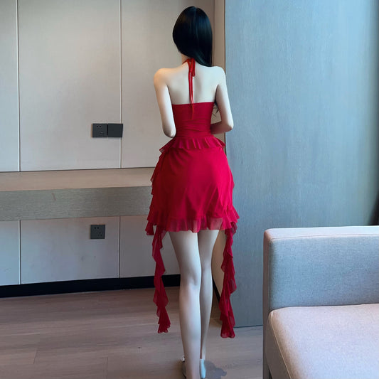 Fairy Red Ruffles Trim 3D Floral Mini Skirt Sexy Cinched-Waist Backless A-Line Halter Short Dress AP3660