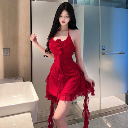 Fairy Red Ruffles Trim 3D Floral Mini Skirt Sexy Cinched-Waist Backless A-Line Halter Short Dress AP3660