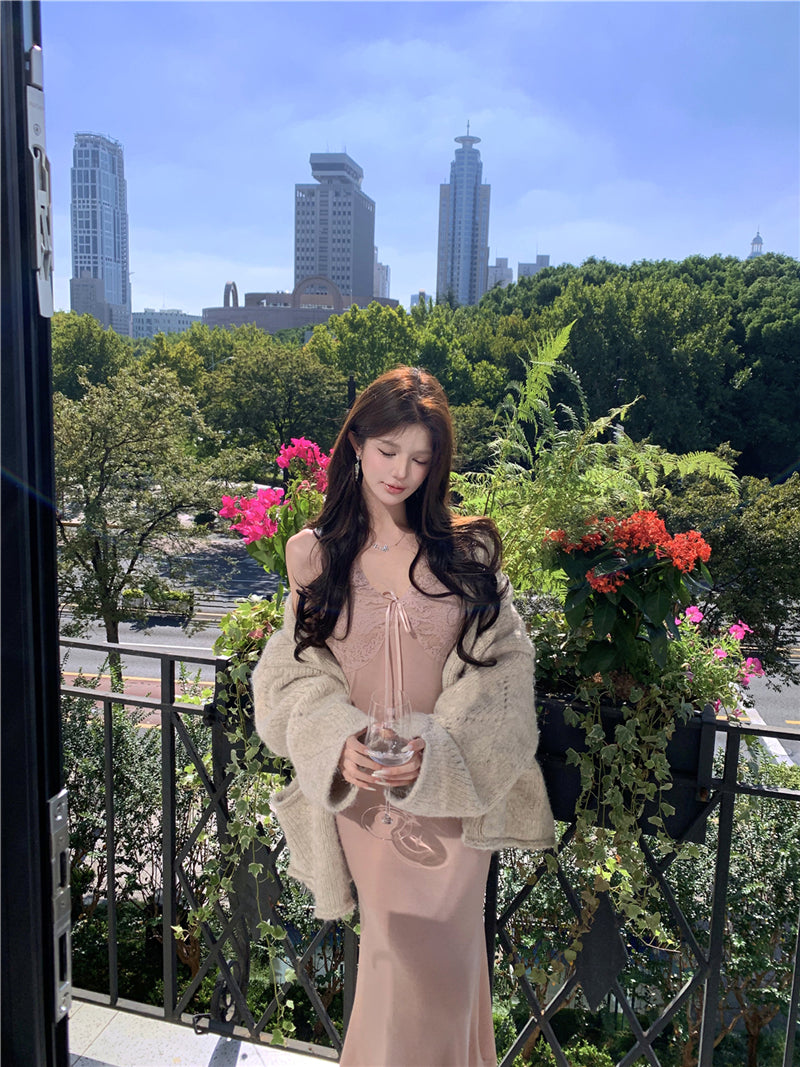 Everyday Wear V Neck Evening Maxi Dress Elegant Mermaid Lace Splicing Long Dress AP3661