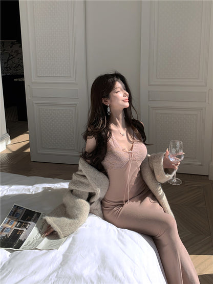 Everyday Wear V Neck Evening Maxi Dress Elegant Mermaid Lace Splicing Long Dress AP3661