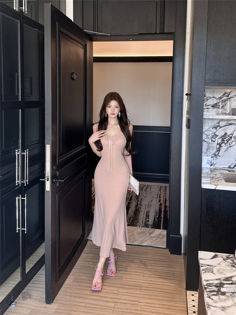 Everyday Wear V Neck Evening Maxi Dress Elegant Mermaid Lace Splicing Long Dress AP3661