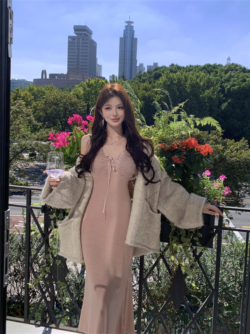 Everyday Wear V Neck Evening Maxi Dress Elegant Mermaid Lace Splicing Long Dress AP3661