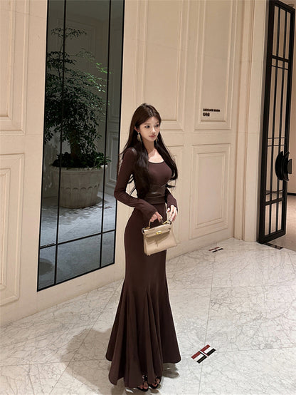 Boho-Inspired Long Sleeve Mermaid Maxi Dress Classical Leather Splicing Square Neck Long Dress AP3662
