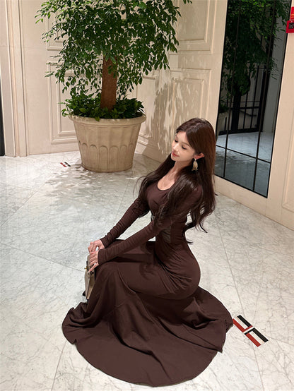 Boho-Inspired Long Sleeve Mermaid Maxi Dress Classical Leather Splicing Square Neck Long Dress AP3662