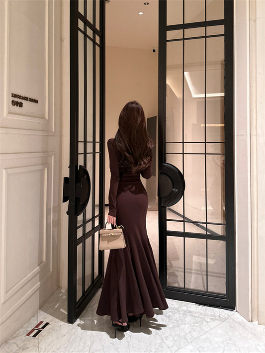 Boho-Inspired Long Sleeve Mermaid Maxi Dress Classical Leather Splicing Square Neck Long Dress AP3662