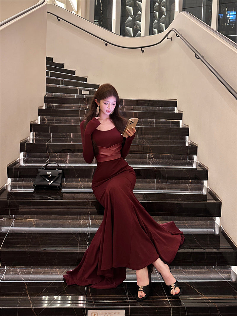 Lovely Mermaid Square Neck Maxi Dress Alluring Long Sleeve Leather Splicing Long Dress AP3663