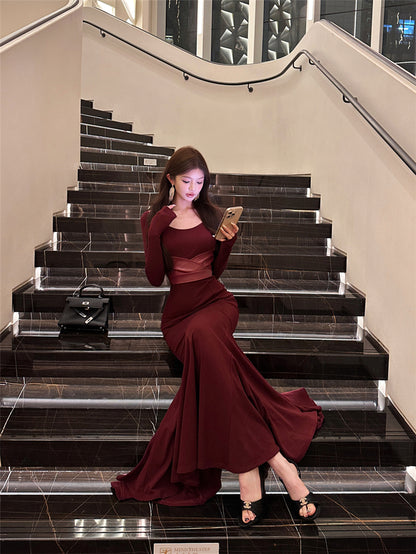 Lovely Mermaid Square Neck Maxi Dress Alluring Long Sleeve Leather Splicing Long Dress AP3663