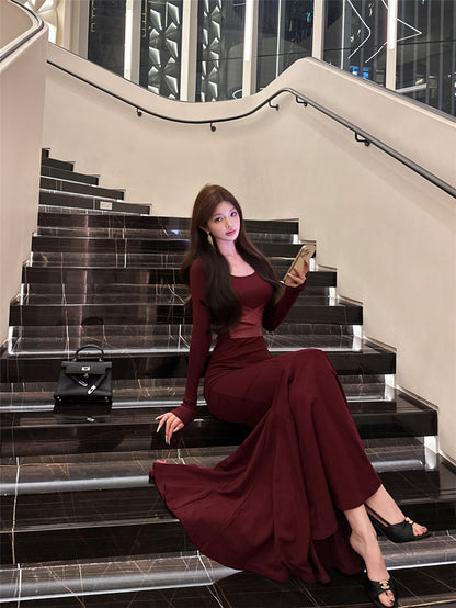 Lovely Mermaid Square Neck Maxi Dress Alluring Long Sleeve Leather Splicing Long Dress AP3663