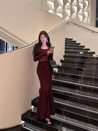 Lovely Mermaid Square Neck Maxi Dress Alluring Long Sleeve Leather Splicing Long Dress AP3663