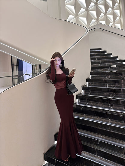 Lovely Mermaid Square Neck Maxi Dress Alluring Long Sleeve Leather Splicing Long Dress AP3663