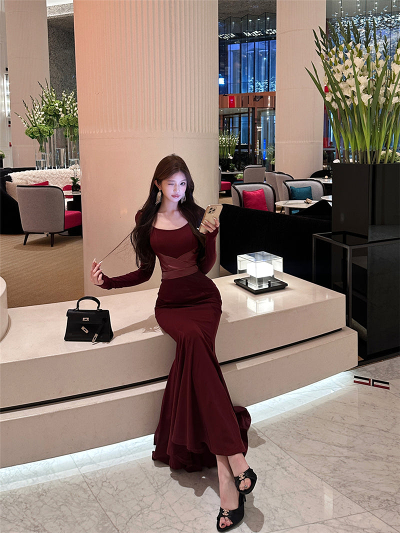 Lovely Mermaid Square Neck Maxi Dress Alluring Long Sleeve Leather Splicing Long Dress AP3663