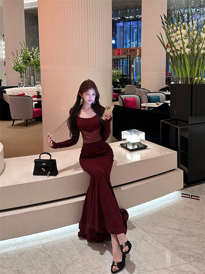 Lovely Mermaid Square Neck Maxi Dress Alluring Long Sleeve Leather Splicing Long Dress AP3663