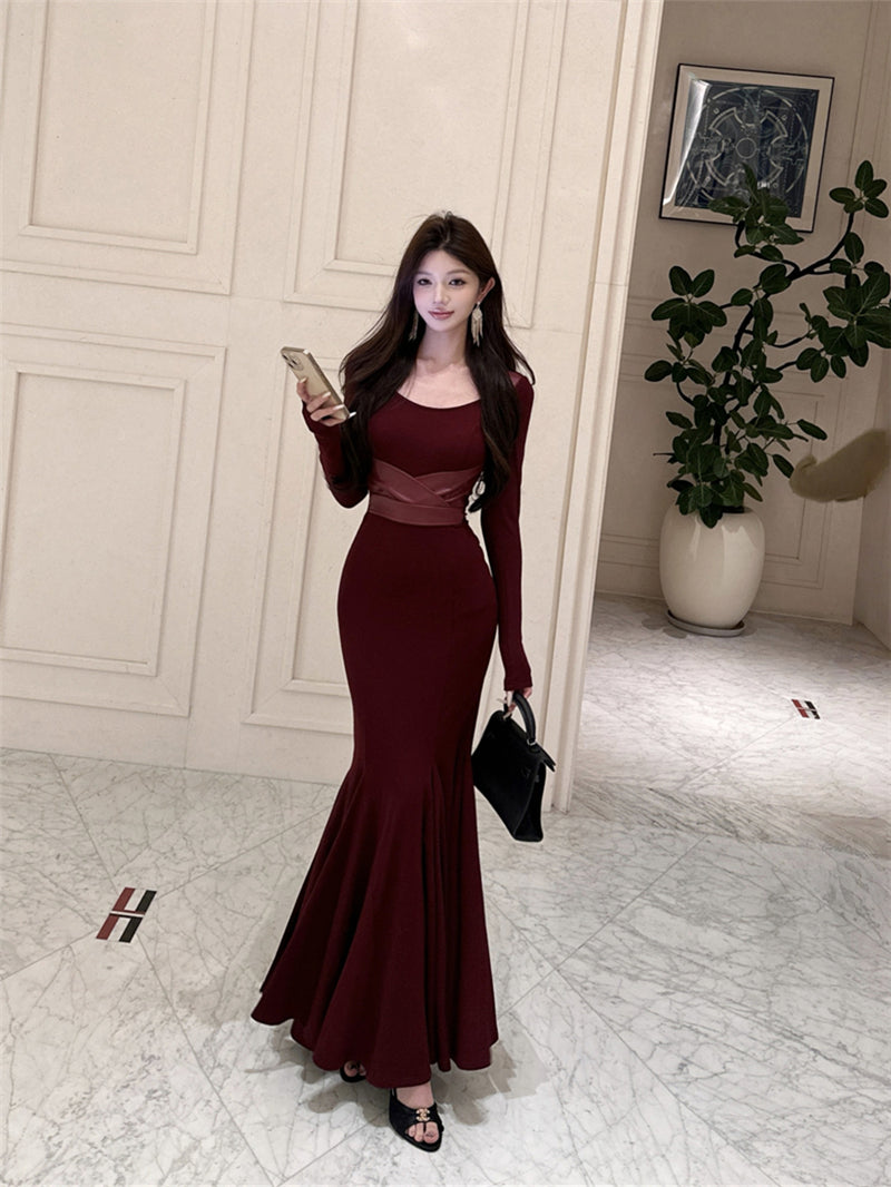 Lovely Mermaid Square Neck Maxi Dress Alluring Long Sleeve Leather Splicing Long Dress AP3663