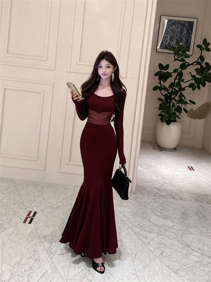 Lovely Mermaid Square Neck Maxi Dress Alluring Long Sleeve Leather Splicing Long Dress AP3663