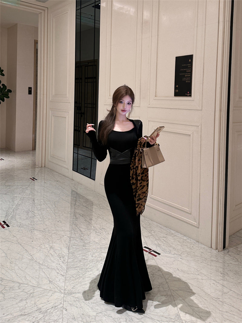 Refined Square Neck Long Sleeve Maxi Dress Vogue Leather Splicing Mermaid Long Dress AP3664