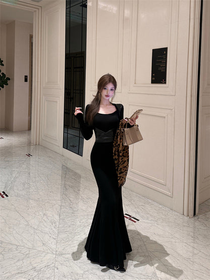 Refined Square Neck Long Sleeve Maxi Dress Vogue Leather Splicing Mermaid Long Dress AP3664