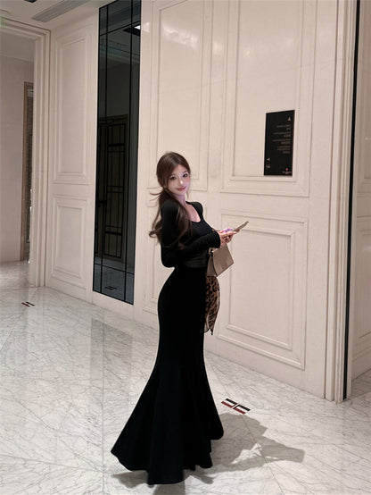 Refined Square Neck Long Sleeve Maxi Dress Vogue Leather Splicing Mermaid Long Dress AP3664