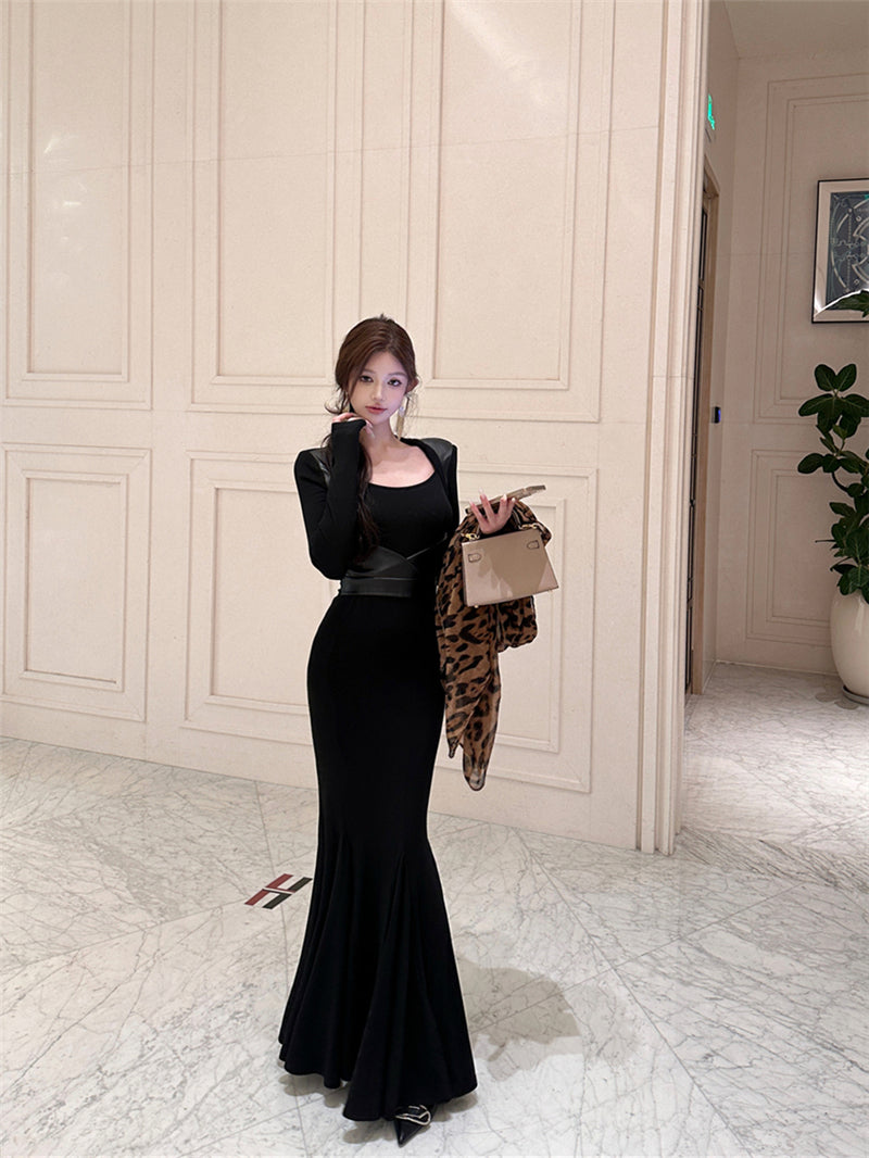 Refined Square Neck Long Sleeve Maxi Dress Vogue Leather Splicing Mermaid Long Dress AP3664