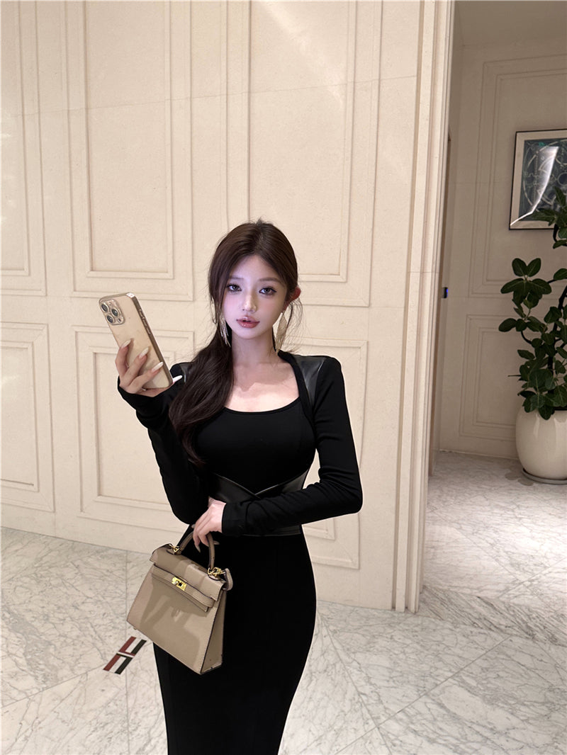 Refined Square Neck Long Sleeve Maxi Dress Vogue Leather Splicing Mermaid Long Dress AP3664