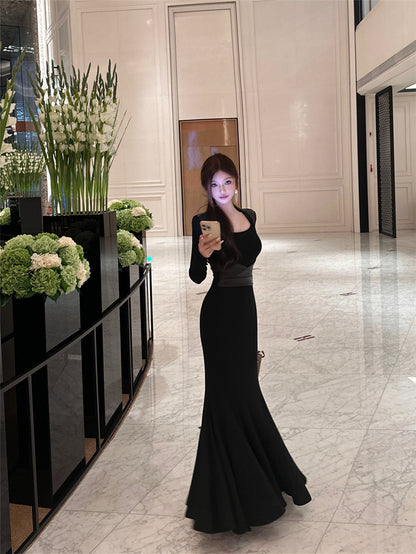 Refined Square Neck Long Sleeve Maxi Dress Vogue Leather Splicing Mermaid Long Dress AP3664