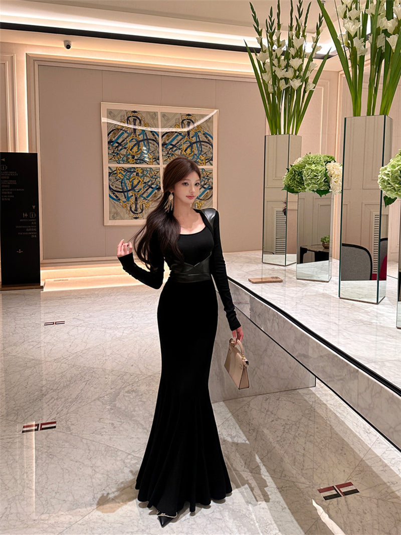 Refined Square Neck Long Sleeve Maxi Dress Vogue Leather Splicing Mermaid Long Dress AP3664