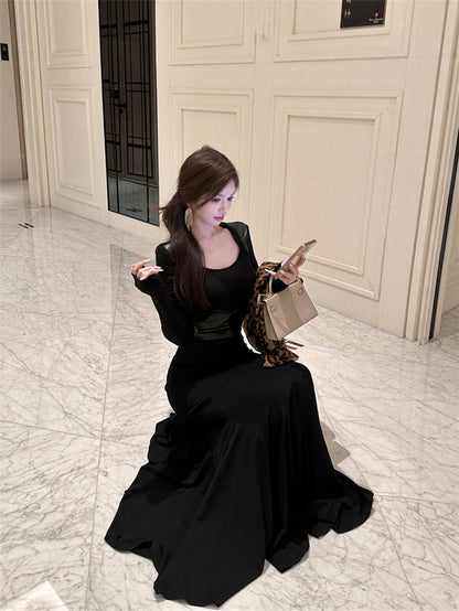 Refined Square Neck Long Sleeve Maxi Dress Vogue Leather Splicing Mermaid Long Dress AP3664