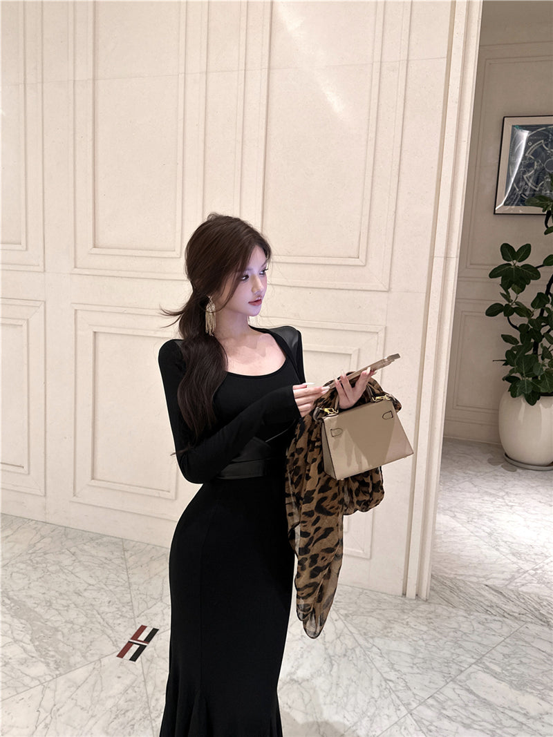 Refined Square Neck Long Sleeve Maxi Dress Vogue Leather Splicing Mermaid Long Dress AP3664