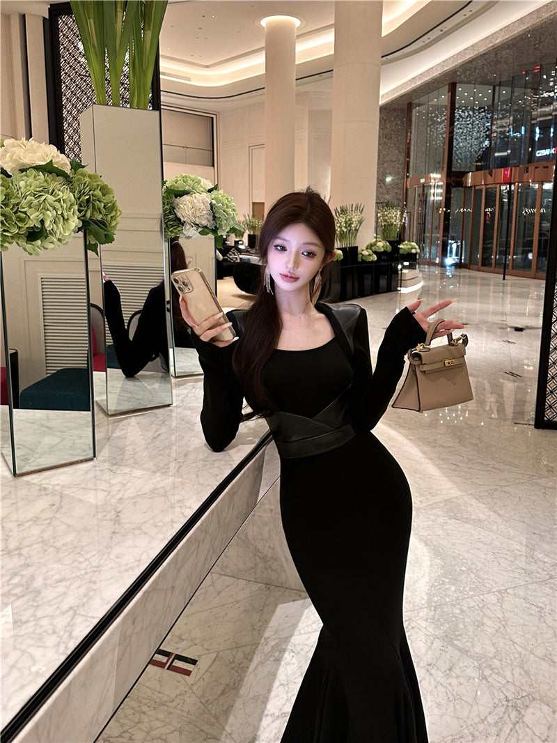 Refined Square Neck Long Sleeve Maxi Dress Vogue Leather Splicing Mermaid Long Dress AP3664