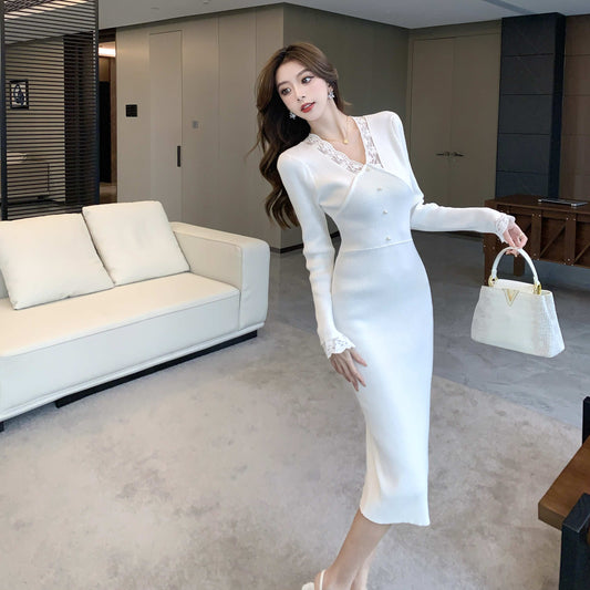 Beautiful Sheath V Neck Ribbed Knit Midi Dress Charming Long Sleeve Lace Trim Long Dress AP3665