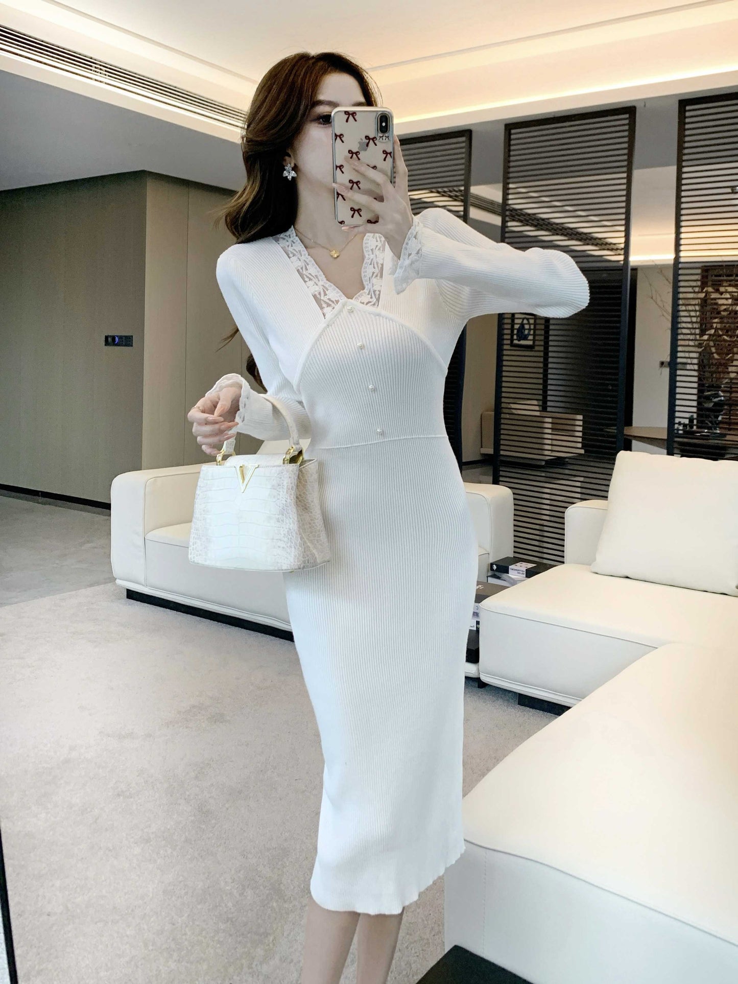 Beautiful Sheath V Neck Ribbed Knit Midi Dress Charming Long Sleeve Lace Trim Long Dress AP3665